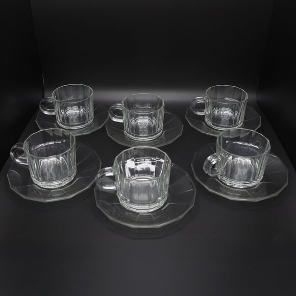 Bormioli Italy Rocco Clear Panel Glass Espresso/Coffee Cup & Saucer Set of 6 - Picture 3 of 14